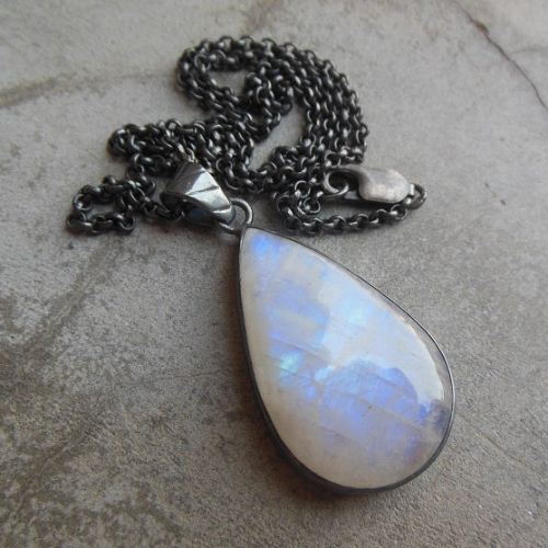 Oxidized Rainbow Moonstone pendant necklace - Tear drop silver pendant