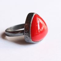 Oxidized Red coral Ring, artisan gemstone silver ring
