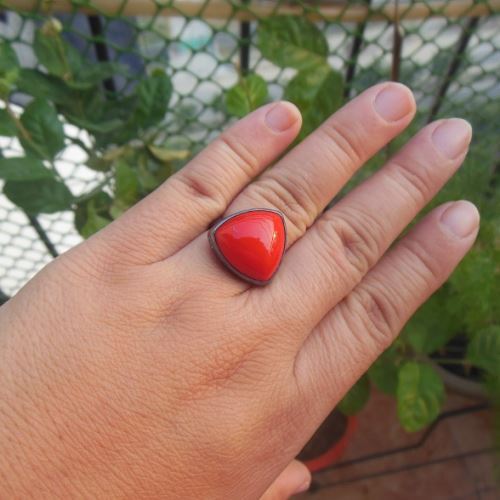 Oxidized Red coral Ring - Bezel set gemstone silver ring