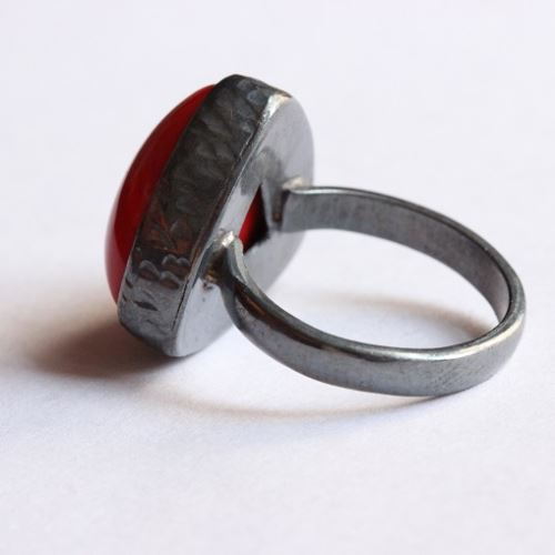 Oxidized Red coral Ring - Bezel set gemstone silver ring