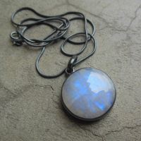 Oxidized pendant, Rainbow Moonstone silver round pendant