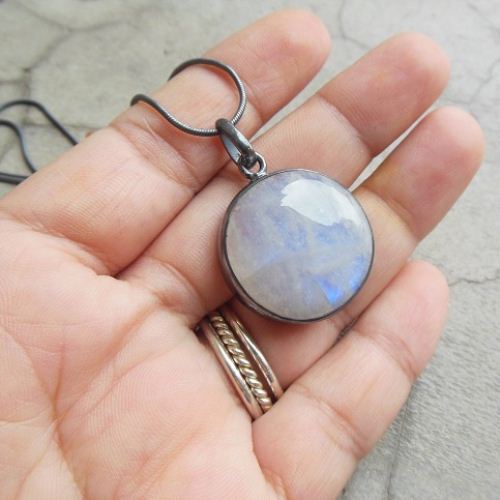Oxidized pendant, Rainbow Moonstone silver round pendant