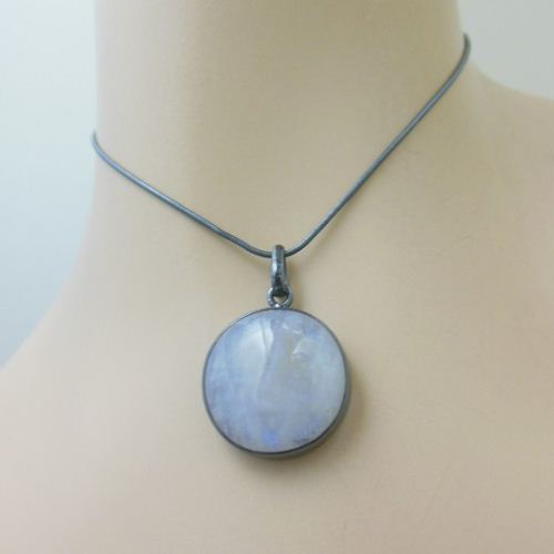 Oxidized pendant, Rainbow Moonstone silver round pendant