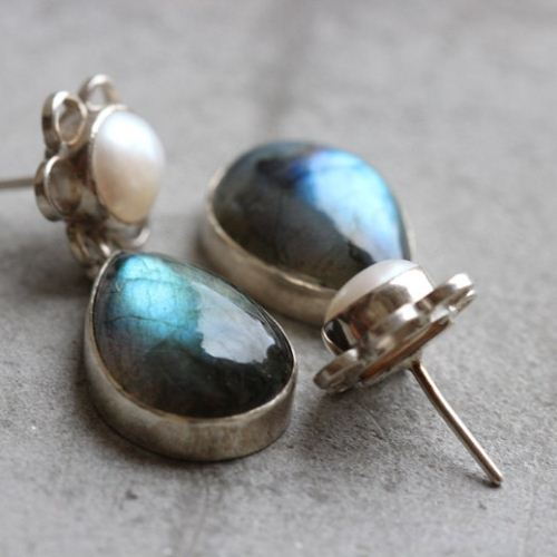 Pearl post earrings, Labradorite pearl silver earrings, Artisan jewelry