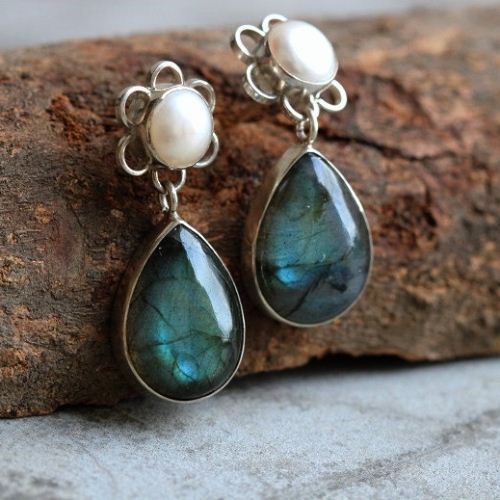 Pearl post earrings, Labradorite pearl silver earrings, Artisan jewelry