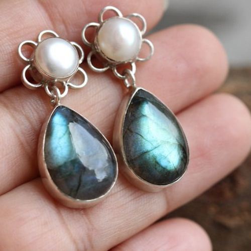 Pearl post earrings, Labradorite pearl silver earrings, Artisan jewelry