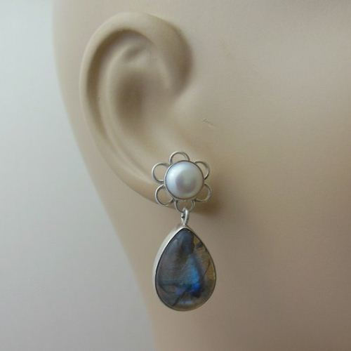 Pearl post earrings, Labradorite pearl silver earrings, Artisan jewelry