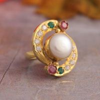 Pearl Cz Ruby Gold ring, Emerald, Wedding ring, Anniversary ring