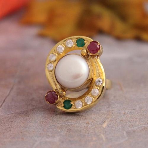 Pearl Cz Ruby Gold ring - Emerald - Wedding ring - Anniversary ring