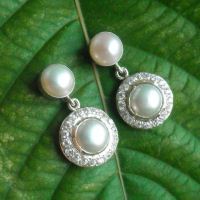 Pearl and cz earrings, Bridal pearl silver cz earrings