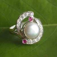 Pearl and ruby ring, Sterling silver CZ ring, Pearl engagement ring