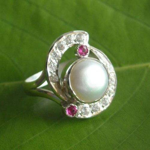 Pearl and ruby ring, Sterling silver CZ ring, Pearl engagement ring