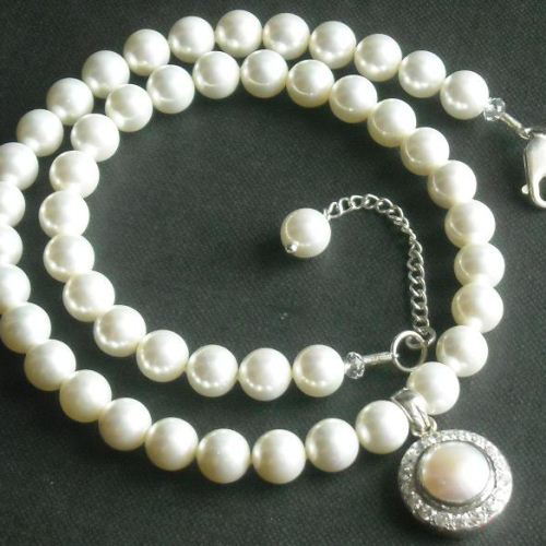Pearl bridal jewelry sets - CZ Pearl pendant necklace earrings set