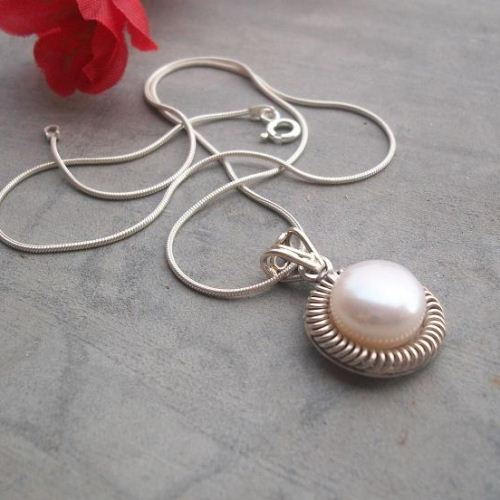 Pearl pendant, Bridal jewelry, Artisan silver pendant necklace