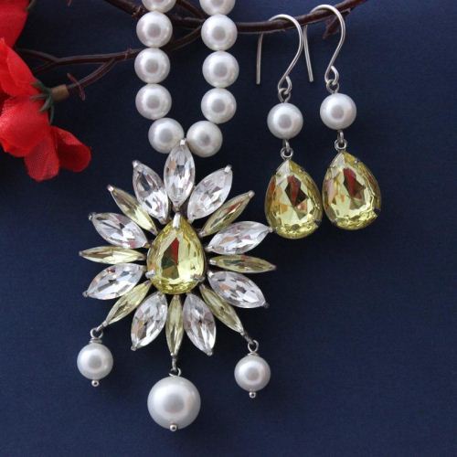 Pearl pendant - crystal necklace - wedding jewelry sets for brides