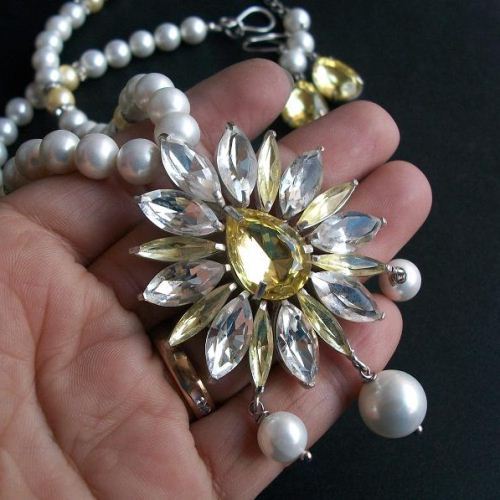 Pearl pendant - crystal necklace - wedding jewelry sets for brides