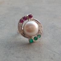 Pearl ring, Emerald ring, Ruby sterling silver cz ring