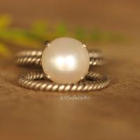 Pearl stack rings, Anniversary engagement wedding silver ring 