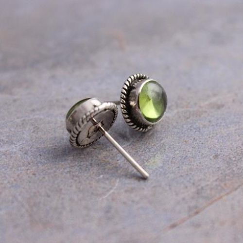Peridot earrings, Stud earrings, Peridot silver stud artisan earrings