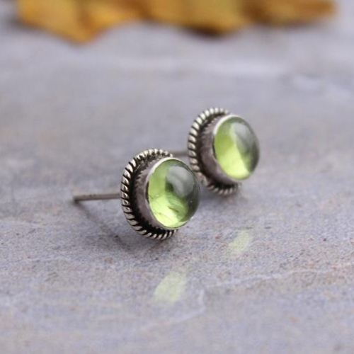Peridot earrings, Stud earrings, Peridot silver stud artisan earrings