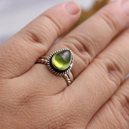 Peridot ring, Olive green ring, Stackable silver ring, August birthstone
