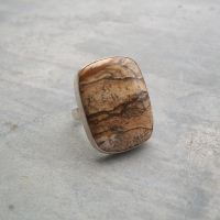Picture jasper ring, Large stone ring, 925 Silver cabochon ring