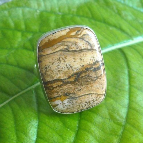 Picture jasper ring - Large stone ring - 925 Silver cabochon ring