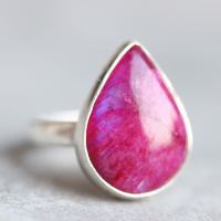 Pink Rainbow Moonstone Ring, Cabochon drop silver ring 