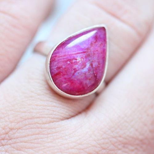 Pink Rainbow Moonstone Ring, Cabochon drop silver ring 