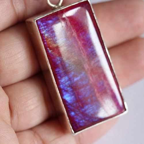 Pink Rainbow Moonstone pendant - Large rectangular gemstone silver gift