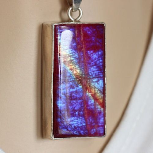 Pink Rainbow Moonstone pendant - Large rectangular gemstone silver gift