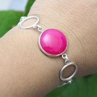 Pink bracelet, Pink chalcedony handmade round gemstone silver bracelet