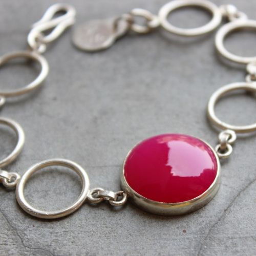 Pink bracelet, Pink chalcedony handmade round gemstone silver bracelet