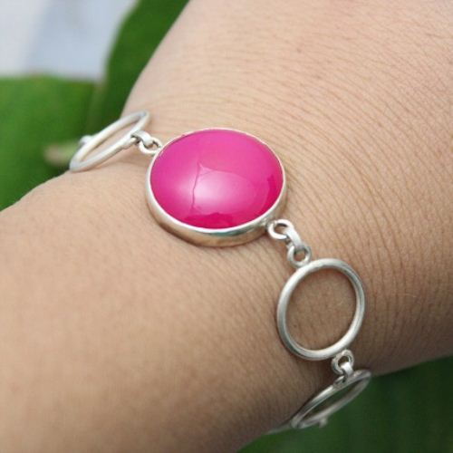 Pink bracelet, Pink chalcedony handmade round gemstone silver bracelet