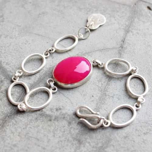 Pink bracelet, Pink chalcedony handmade oval gemstone silver bracelet
