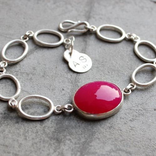 Pink bracelet, Pink chalcedony handmade oval gemstone silver bracelet