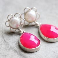 Pink chalcedony flower pearl artisan silver earrings
