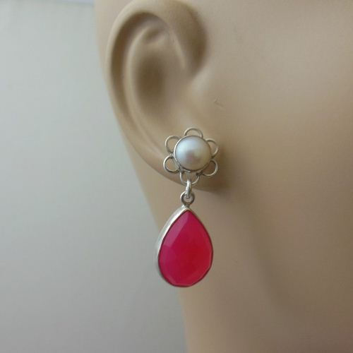 Buy Pink chalcedony flower pearl artisan silver earrings online at ...