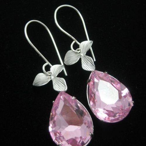 Pink crystal earrings, Bridal earrings, Wedding earrings, Bridesmaid earrings, Bridal jewelry, Prom earrings