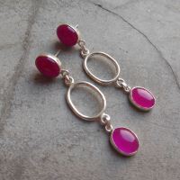 Pink earrings, Chalcedony earrings, Dangler post silver earrings