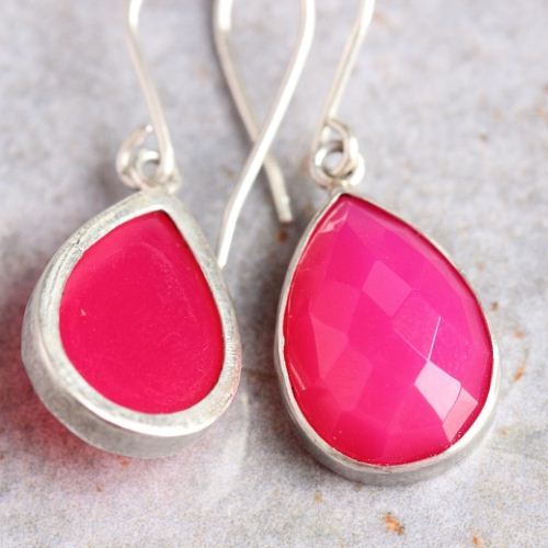 Pink earrings, Chalcedony earrings, Drop shape silver earrings 
