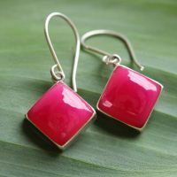 Pink earrings, Chalcedony earrings, Square silver earrings