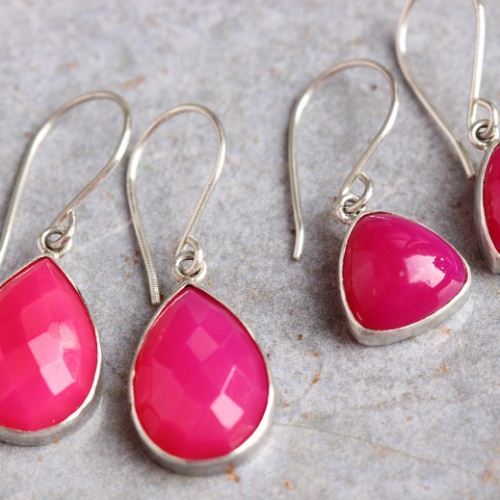 Pink earrings, Chalcedony earrings, Triangle stone silver earrings