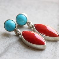 Post dangler earrings, Red Coral turquoise silver earrings