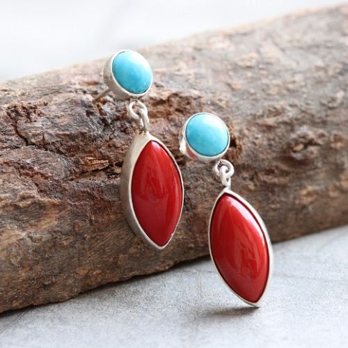 Post dangler earrings, Red Coral turquoise silver earrings