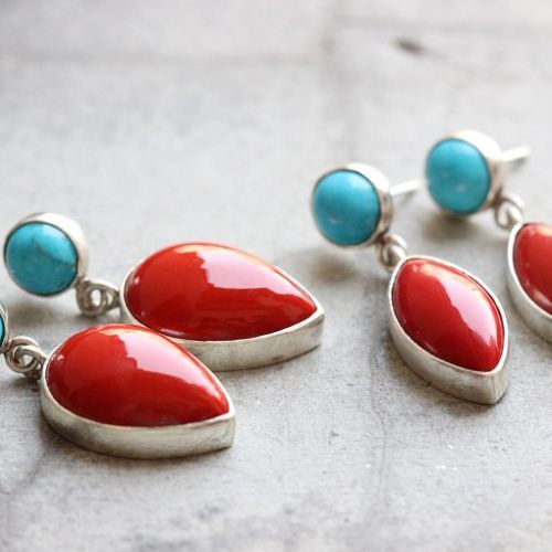 Post dangler earrings, Red Coral turquoise silver earrings