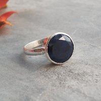 Precious blue sapphire birthstone ring, Round stone silver ring