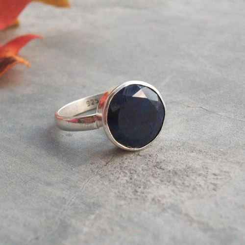 Precious blue sapphire birthstone ring, Round stone silver ring
