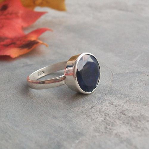 Precious blue sapphire birthstone ring, Round stone silver ring