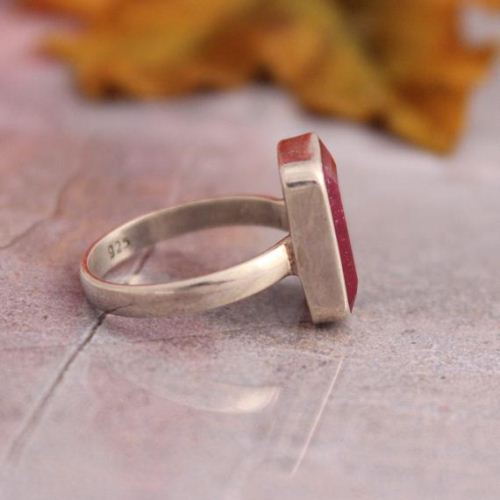 Precious ruby ring, Sterling silver emerald cut red ruby ring